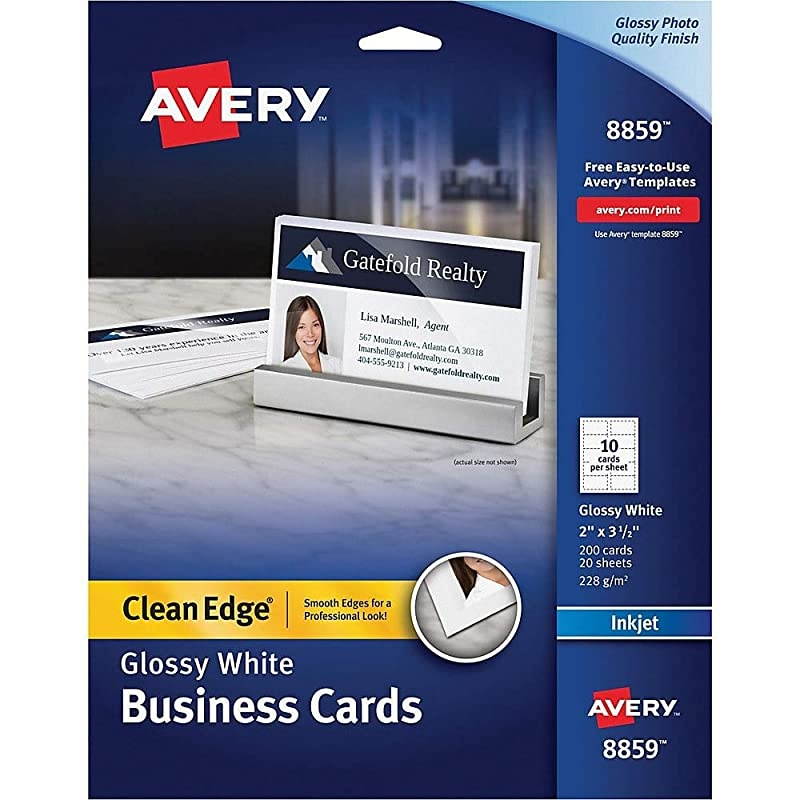 Printable Business Cards, Inkjet Printers, 200 Cards, 2 x 3.5, Clean Edge, Heavyweight, Glossy (8859), White
