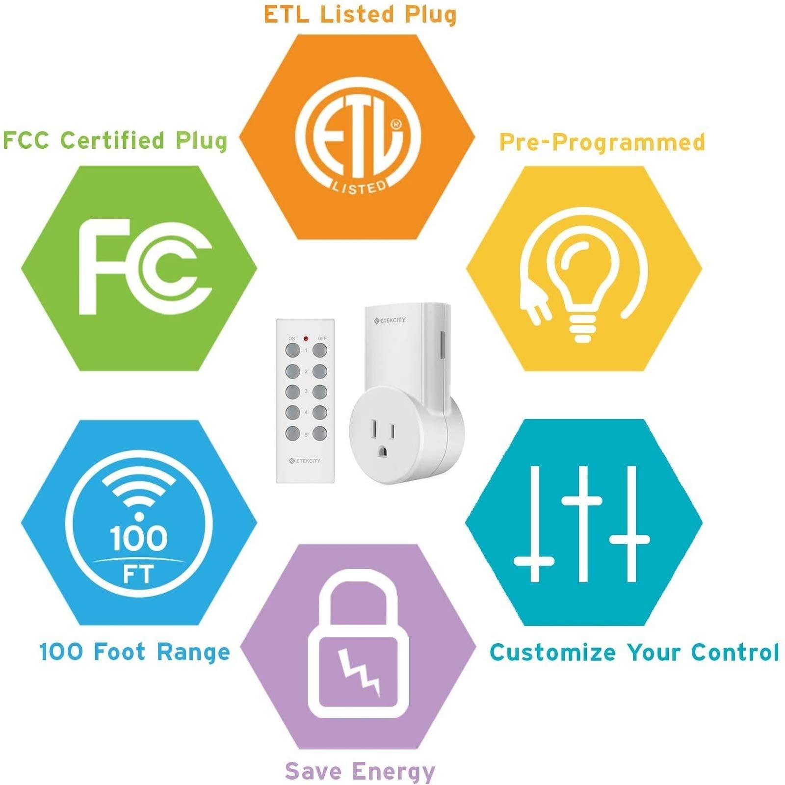 Etekcity Wireless Remote Control Outlet Light Switch for Lights, Lamps, Christmas Decorations, Plug and Go, Up to 100 ft. Range, FCC & ETL Listed, White (Learning Code, 5Rx-2Tx)