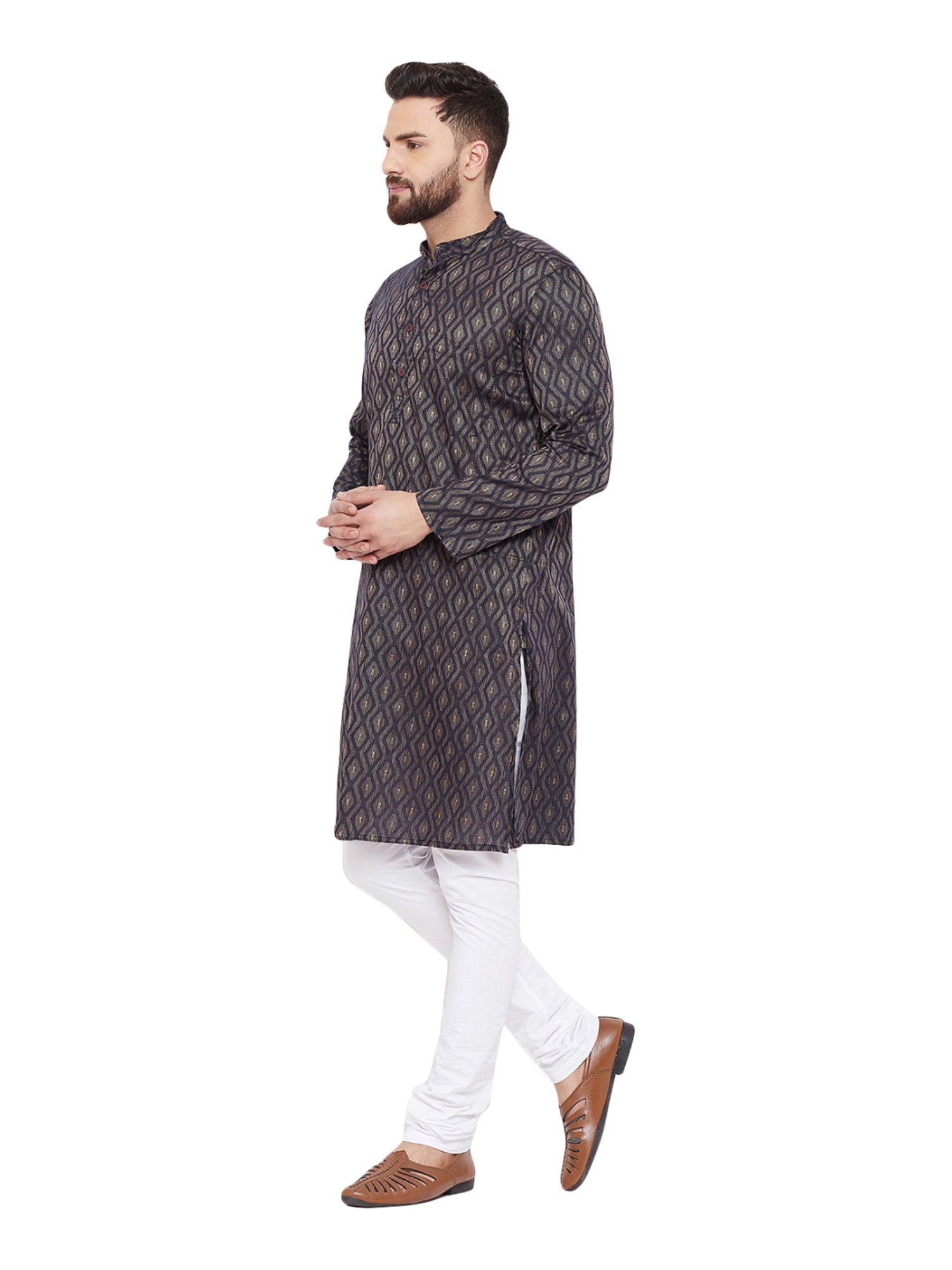 Even Brown Cotton Regular Fit Self Pattern Kurta