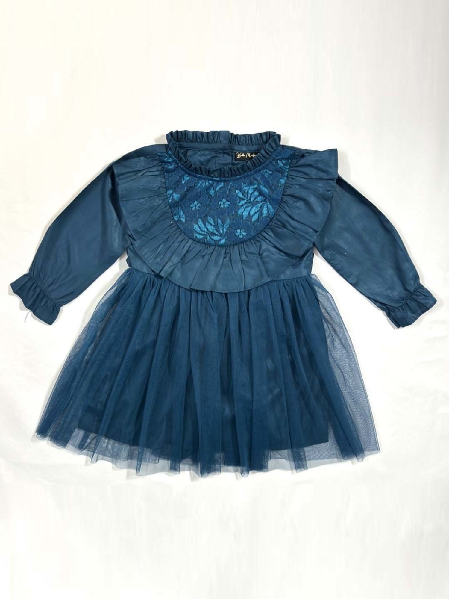 Bella Moda Kids Blue Embroidered Full Sleeves Dress