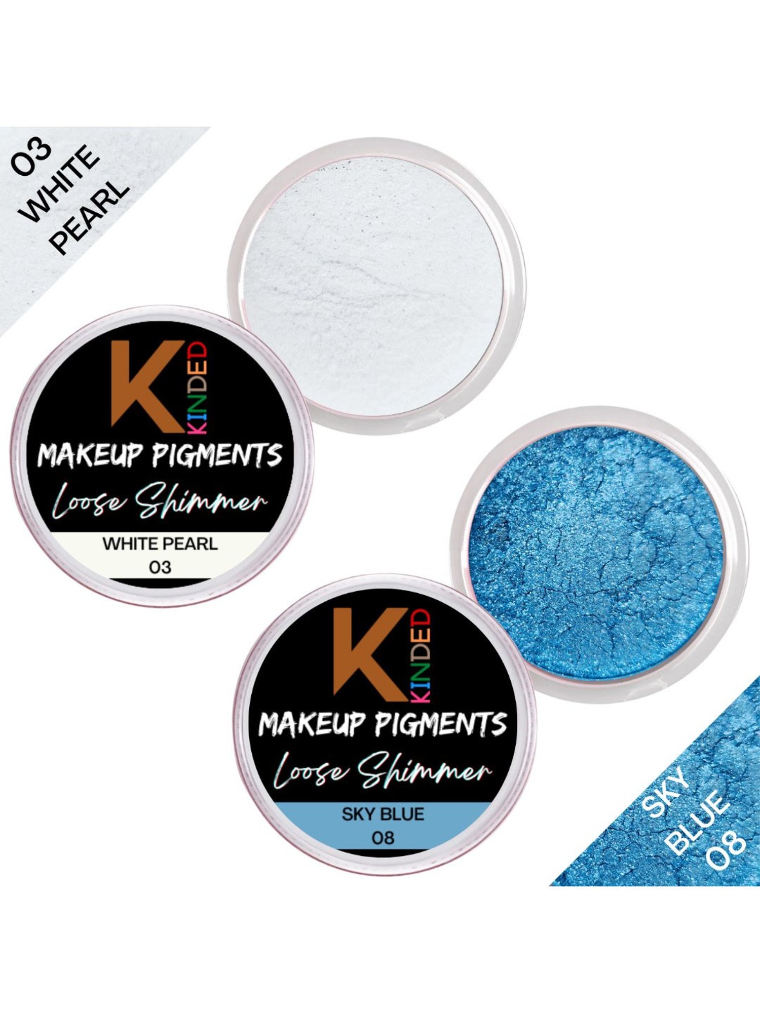 KINDED Makeup Pigments Loose Shimmer Powder Eyeshadow 03 White Pearl & 08 Sky Blue Combo