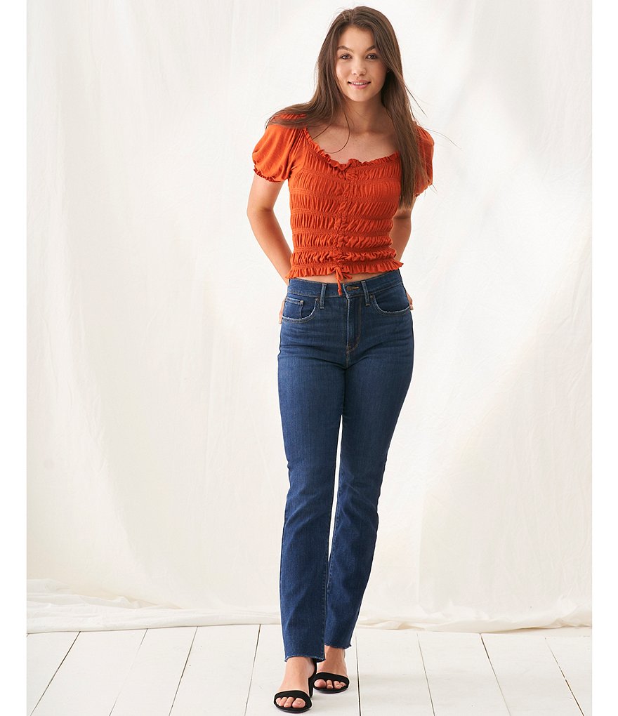 Evolutionary Short-Sleeve Cinch-Front Smocked Top