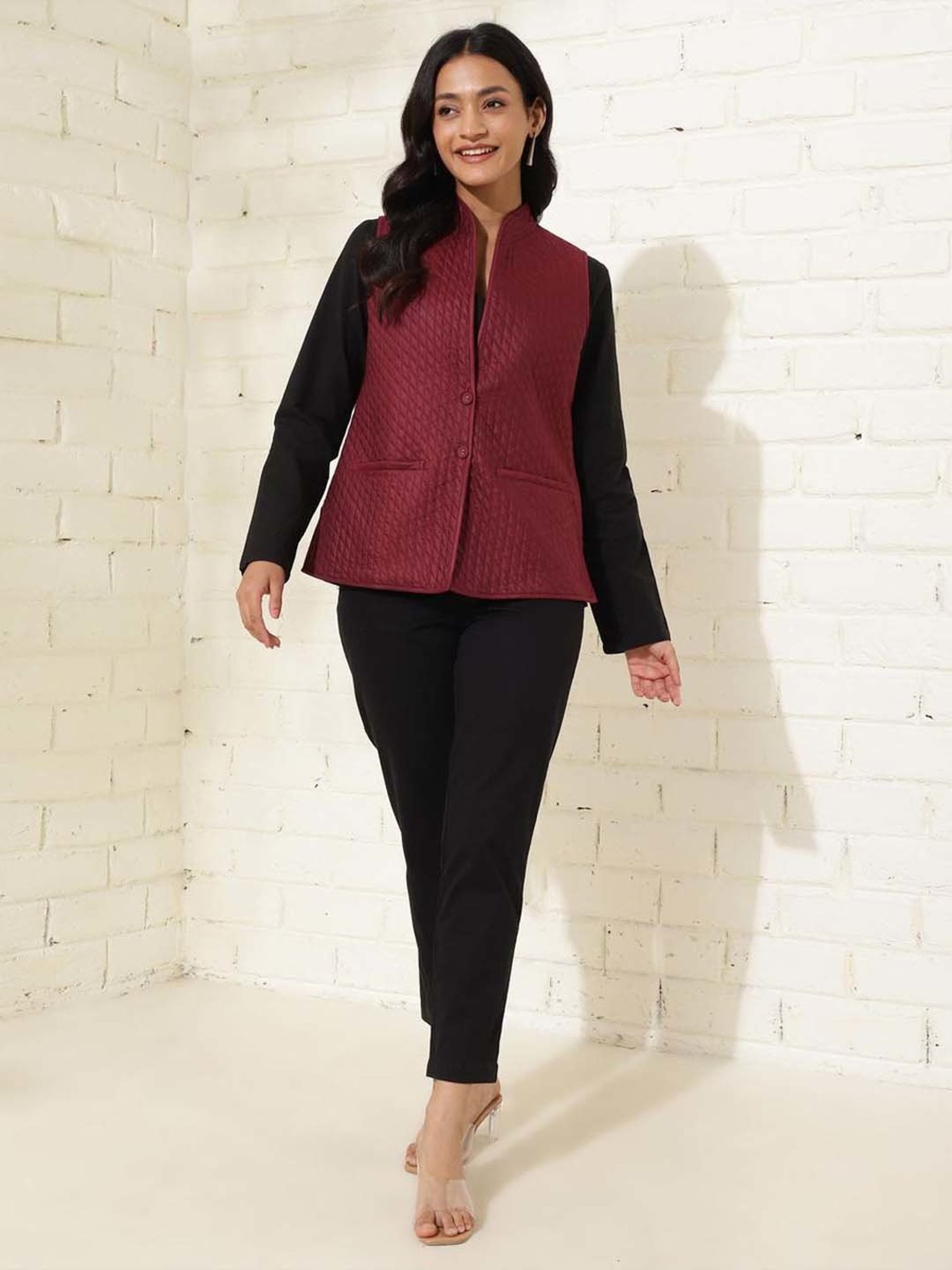 Fabindia Maroon Quilted Nehru Jacket