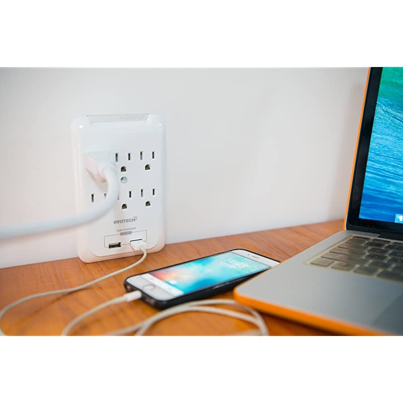 MultiFunction Wall Mount Outlet Adapter Surge Protector Charging Station  Dual 21AMP USB Charging Ports6 AC Socket Outlet Splitter PlugsWhiteETL Certified