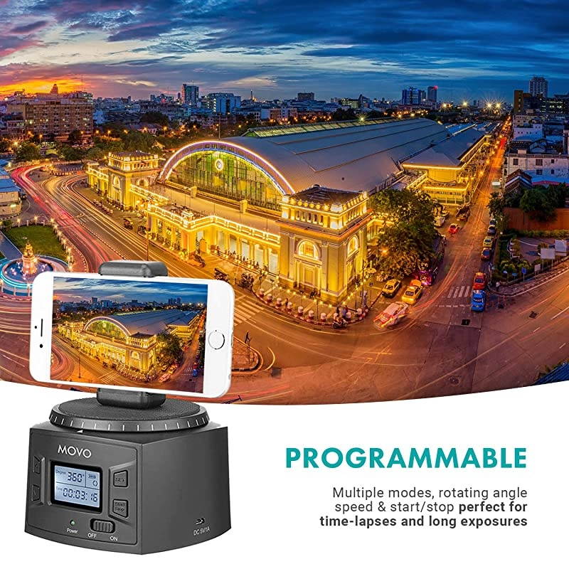 MTP20 Programmable Panoramic TimeLapse Tripod Head with Adjustable Rotating Angle Direction and Speed Compatible with Smartphones GoPro Mirrorless and DSLR Cameras up to 44 Lbs