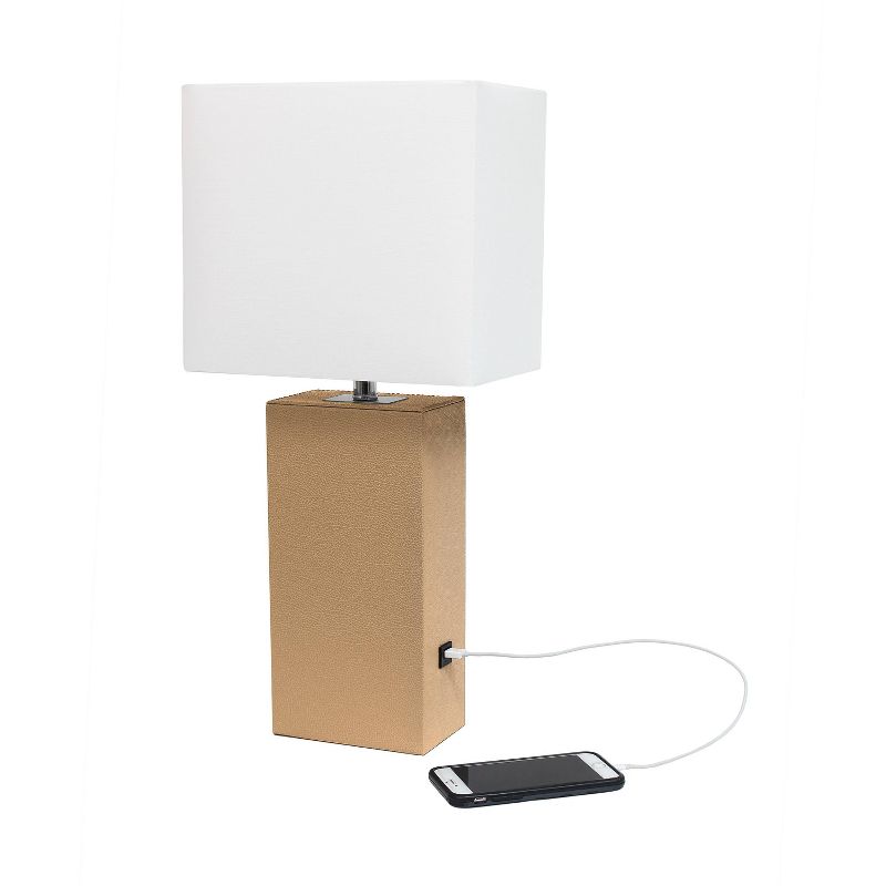 Modern Leather Table Lamp with USB and Fabric Shade Beige - Elegant Designs