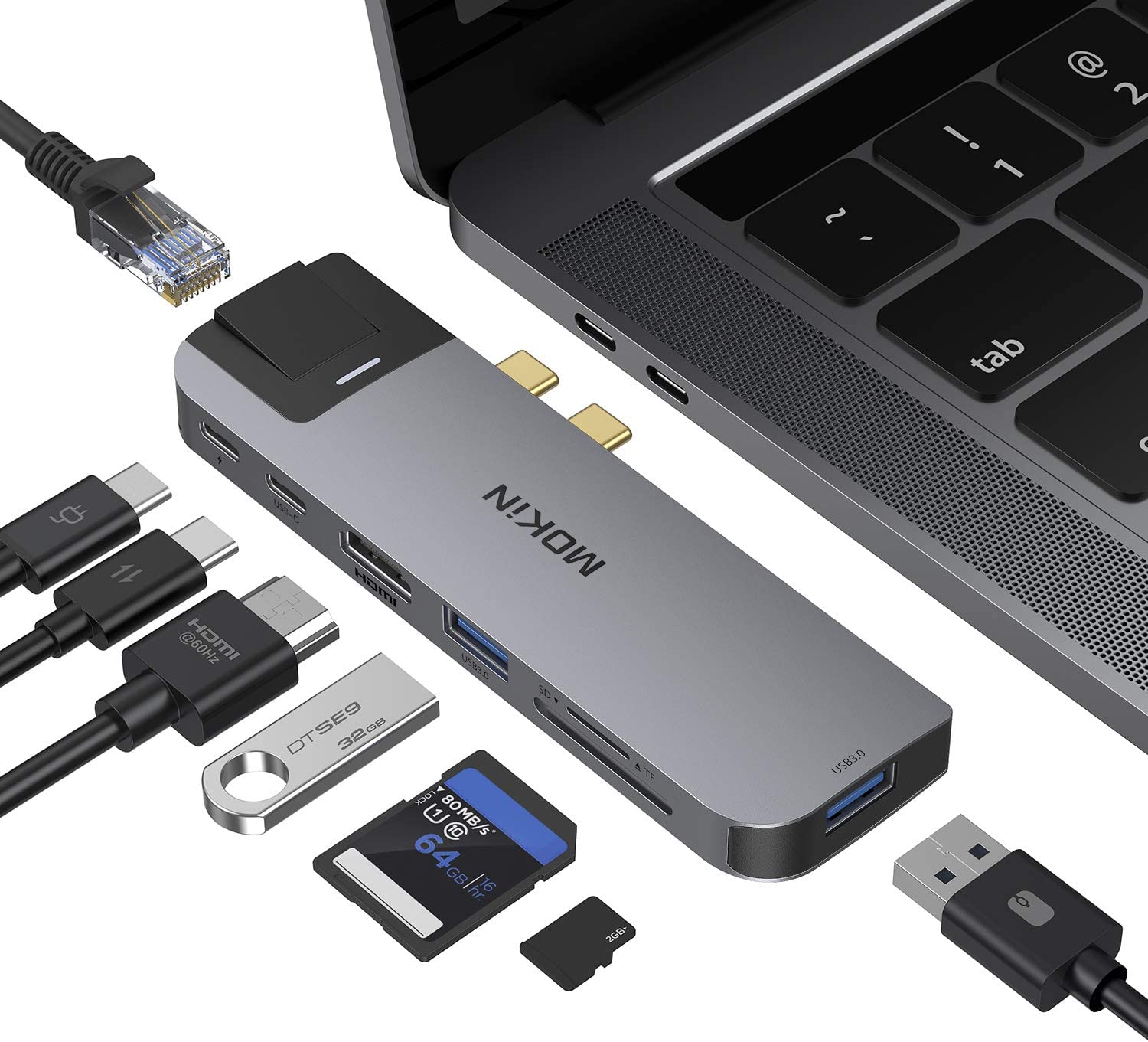 MacBook Pro USB Adapter, USB C Multiport Adapter Hub Mac Dongle for MacBook Pro/Air with 4K HDMI Port, Gigabit ethernet, 2 USB 3.0, TF/SD Card Reader, USB-C 100W PD and Thunderbolt 3