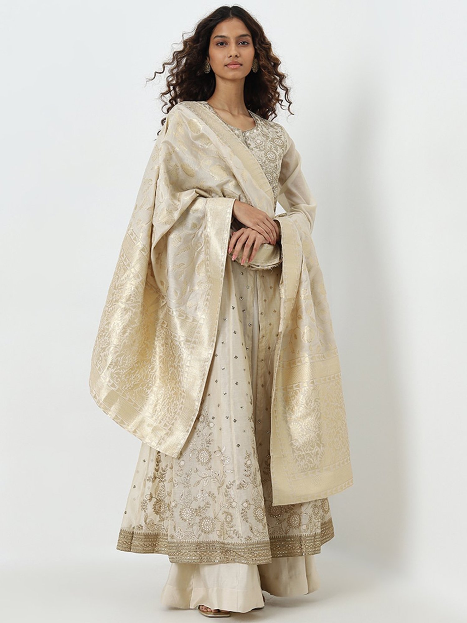 Vark by Westside Beige Embellished A-Line Kurta, Skirt and Dupatta Set