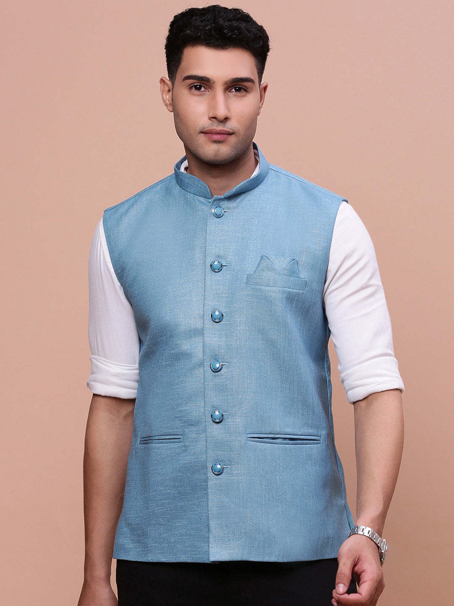 VASTRAMAY Teal Green Regular Fit Printed Nehru Jacket
