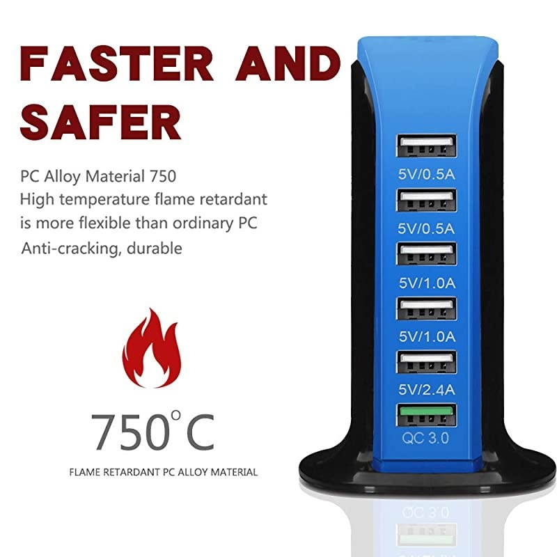 Charge 30 USB Wall Charger 6 Ports QC 30 Desktop USB Hub Charging StationTravel Charger Fast Charging Compatible with PhonesTabletsSmartphones and MoreBalck +Blue