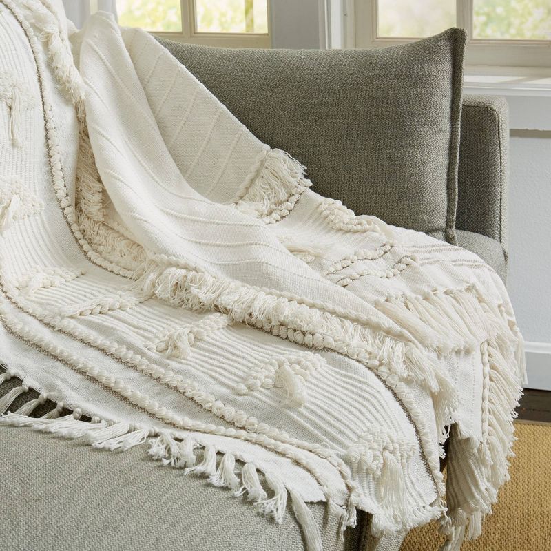 50"x60" Diamond Patterned Striped Throw Blanket with Fringe Black/Natural - Patina Vie