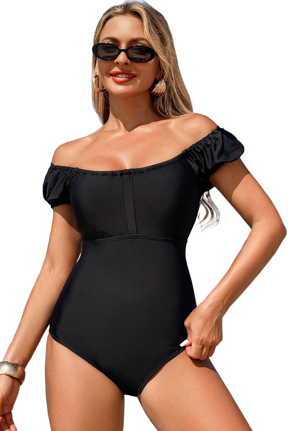 Black Plant Print Zip Front Half Sleeve One Piece Swimsuit