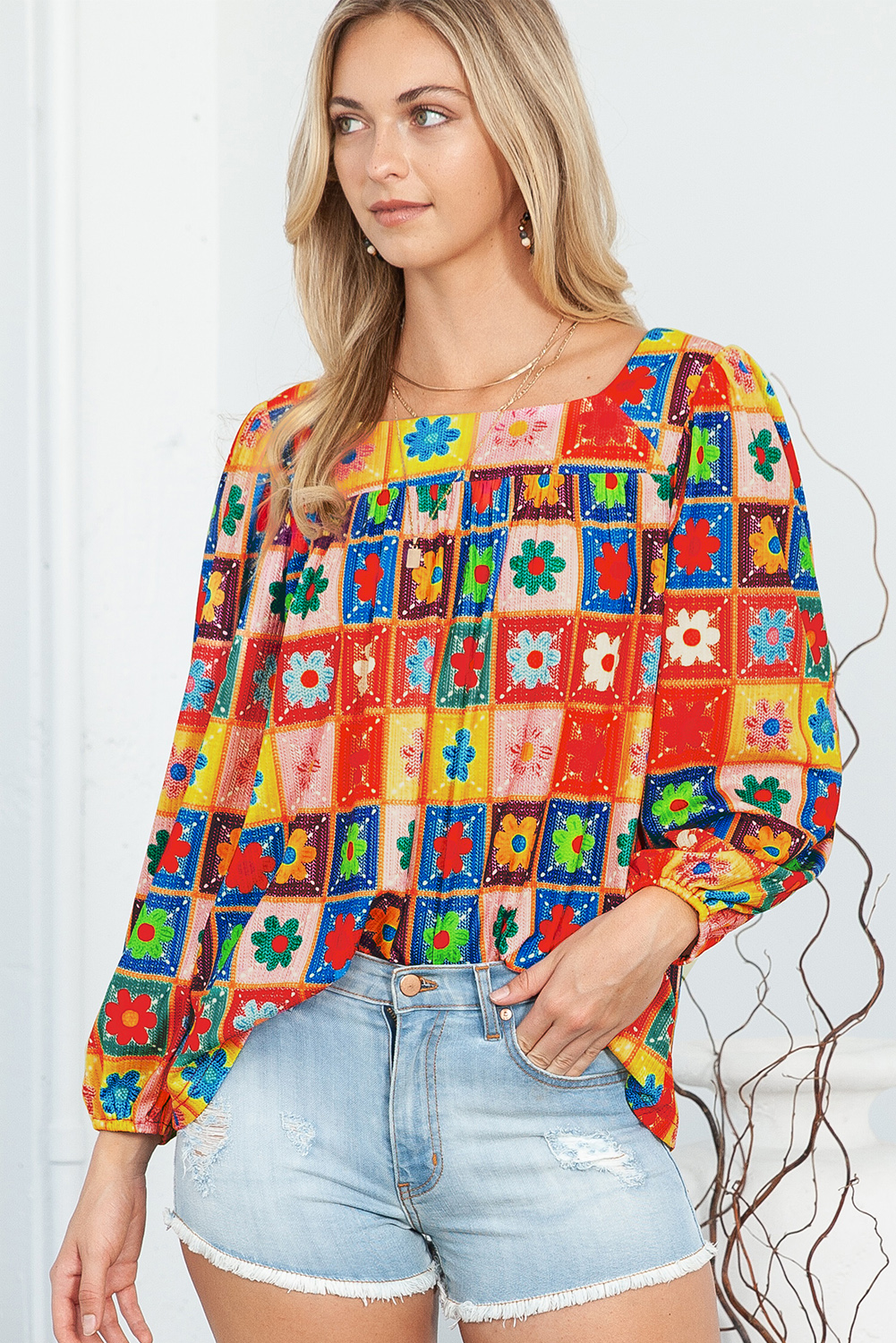 Multicolor 60s Flower Pattern Lantern Sleeve Square Neck Top