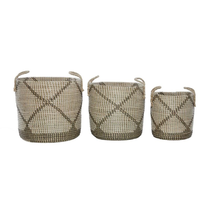 3pk Round Seagrass Storage Baskets with Handles Brown