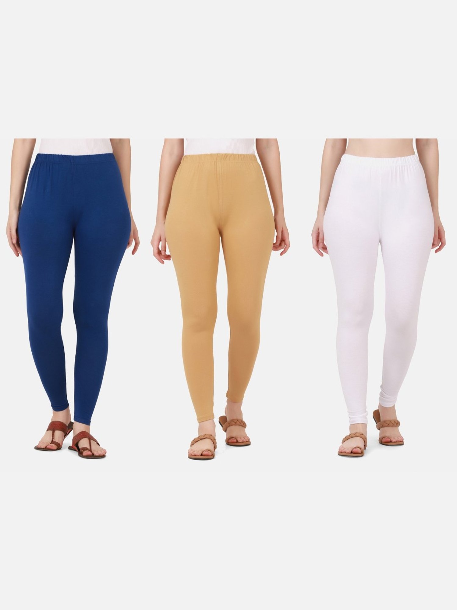 BUYNEWTREND Blue & Beige Cotton Leggings - Pack Of 3