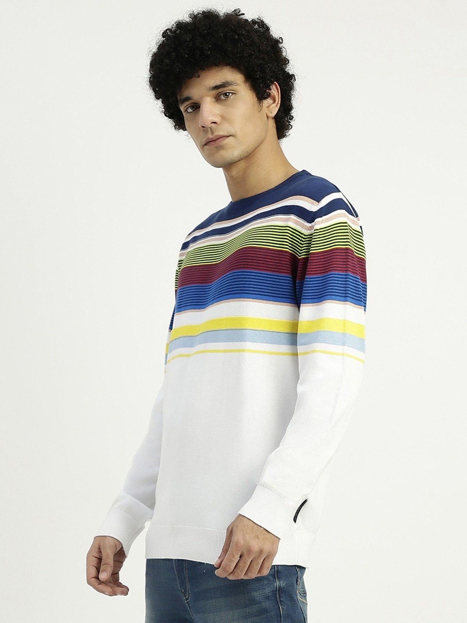 United Colors of Benetton White Pure Cotton Regular Fit Striped Sweater