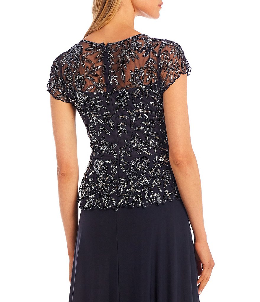 Pisarro Nights Floral Short Sleeve Round Neck Beaded Bodice A-Line Long Chiffon Gown