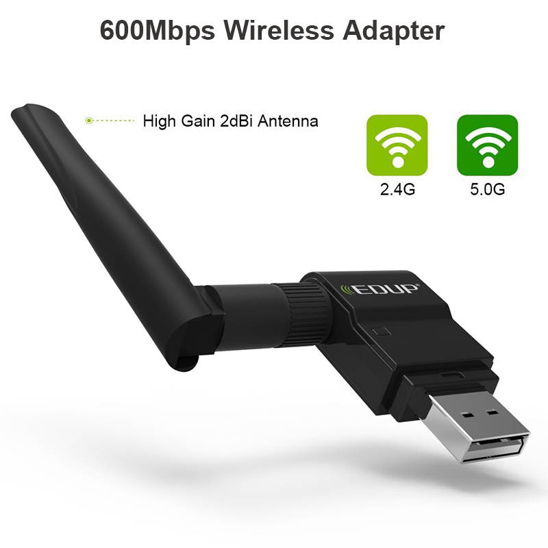 Dual Band Wireless Wifi USB Ethernet Adapter 2dBi Antenna for Laptop/PC 2.4+5.8GHz 600Mbps WiFi Receiver for Windows Mac - Black
