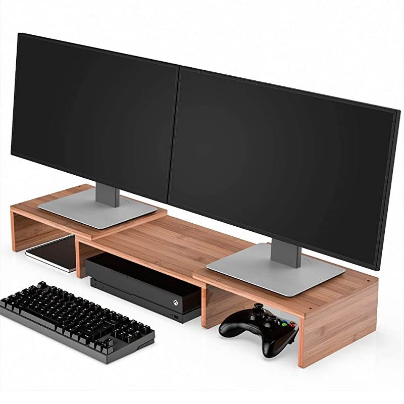 Dual Monitor Riser with Adjustable Length and Angle Desktop Stand 3 Shelf Storage OrganizerBamboo