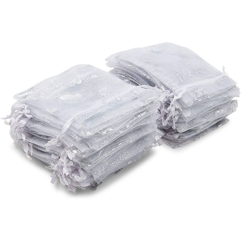 Drawstring Organza Gift Pouch with Butterfly Design (3.5 x 4.75 In, Silver Foil, 120 Pack)