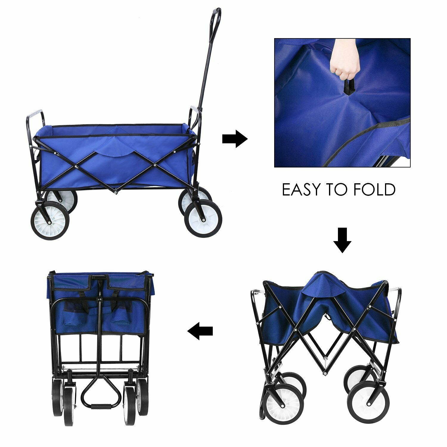Collapsible Wagon Utility Outdoor Garden Cart Camping Shopping Trolley Cart Blue