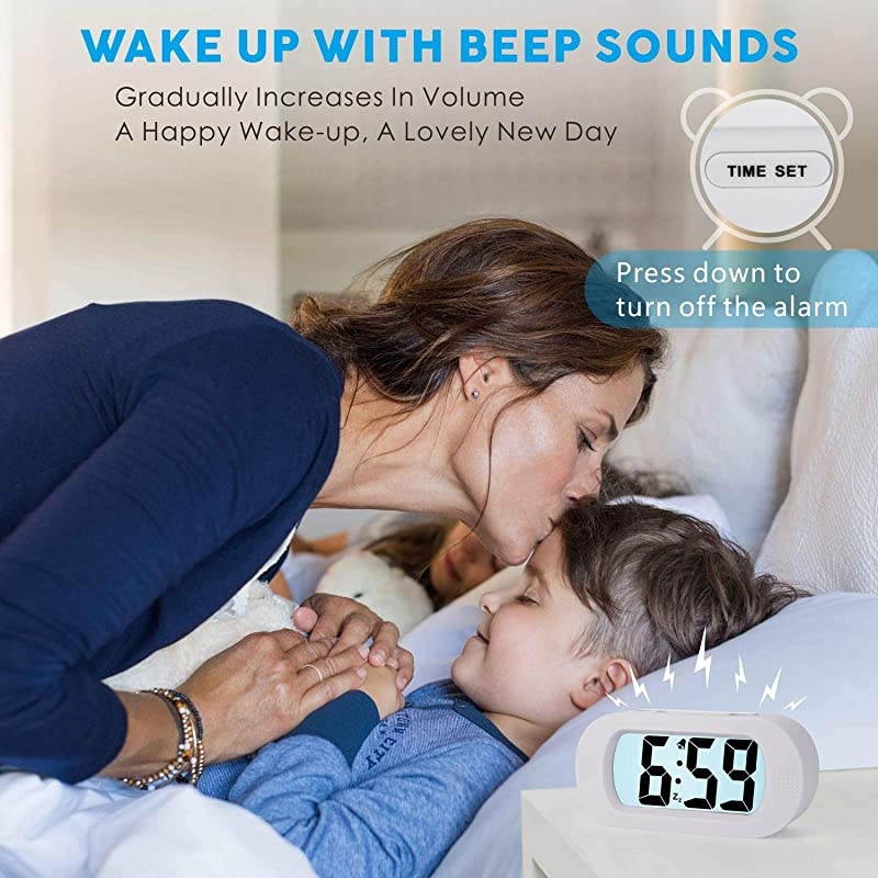Kids Alarm Clock  Large Digital LCD Travel Alarm Clocks with Snooze and Night Light Ascending Sound and Handheld Size Best Gift for Kids White