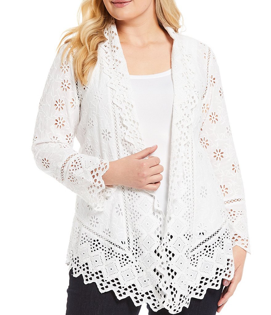 Lauren Ralph Lauren Plus Size Allover Embroidered Eyelet Cotton Scallop Trim Open-Front Long Sleeve Jacket