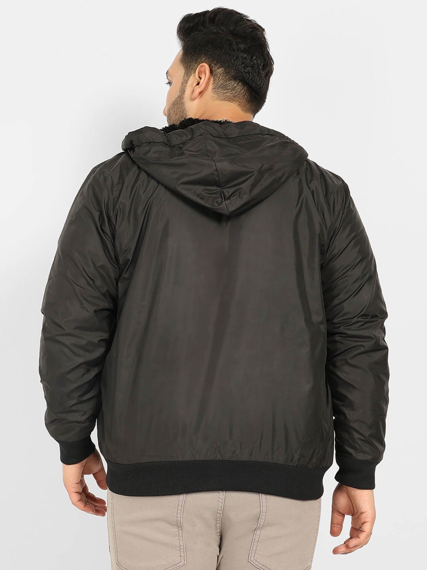 Instafab Plus Black Regular fit Plus Size Hooded Jacket