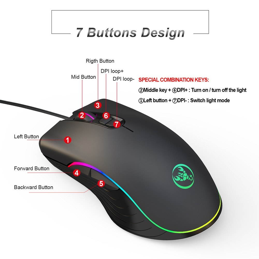 HXSJ Wired Gaming Mouse DPI6400 Optical Mice RGB Backlit Office Mouse 7 Buttons Ergonomic Design