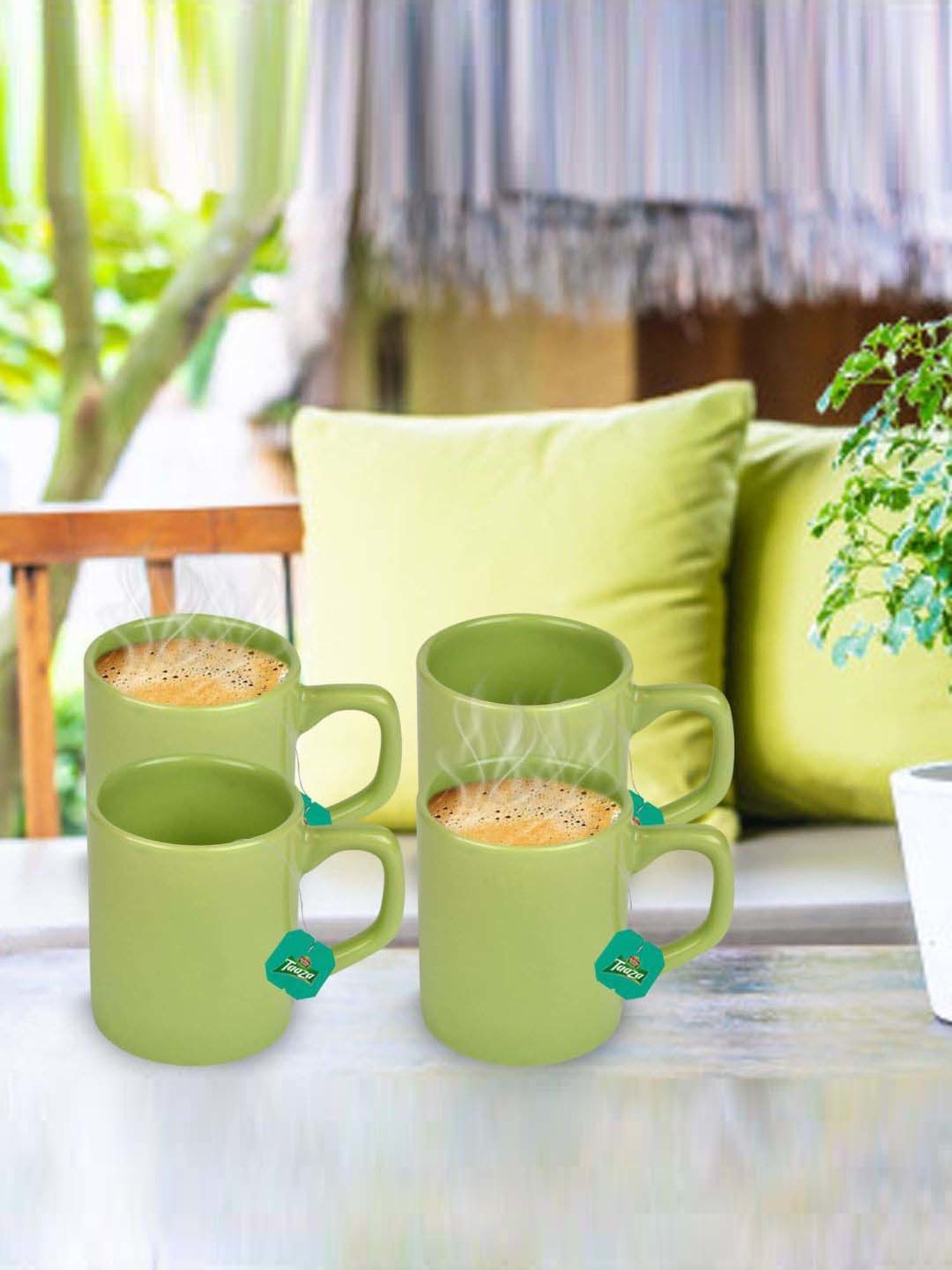 Urban Chef Parrot Green Ceramic Droite Handcrafted Microwave Safe Cup - Set of 4