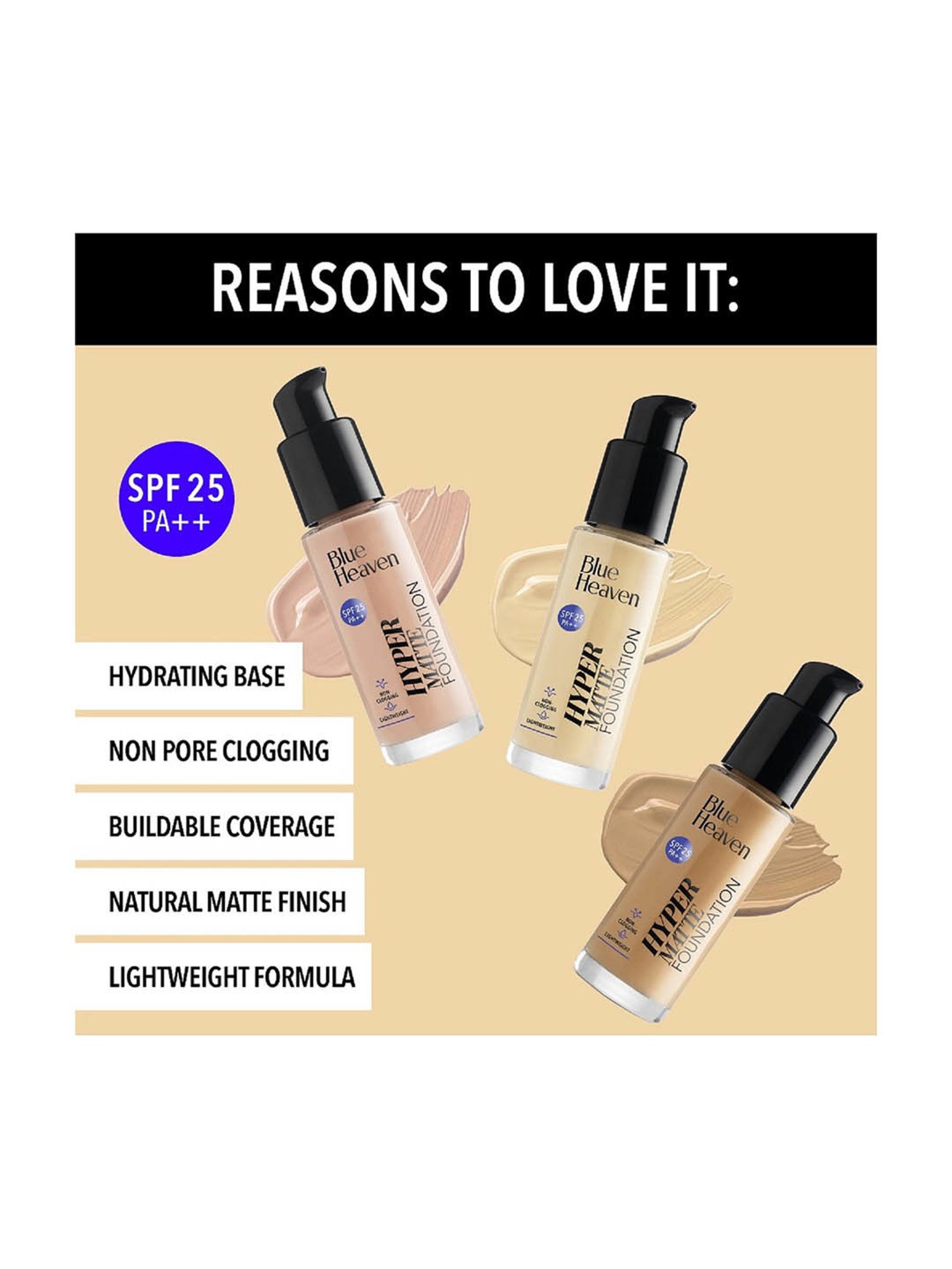 Blue Heaven Hyper Matte Foundation with SPF 25 PA++ 101 Vanilla - 30 ml