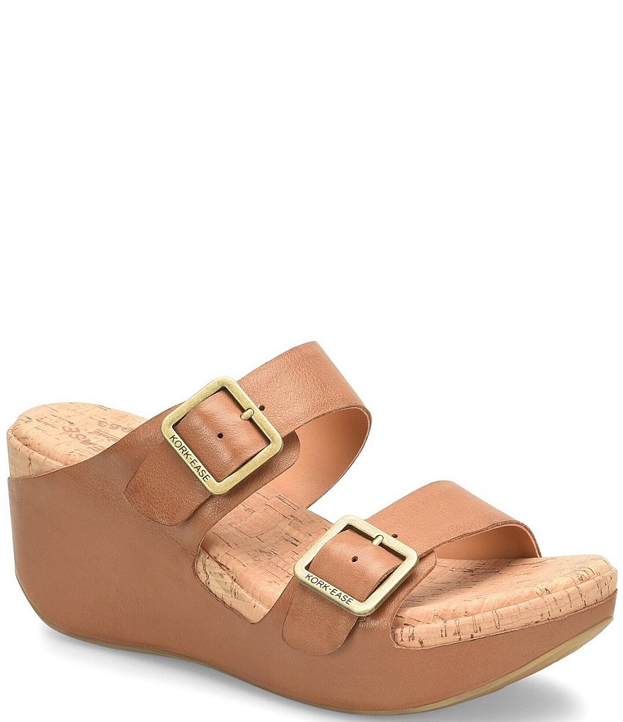 Kork-Ease Grace Leather Buckle Strap Platform Wedge Slide Sandals