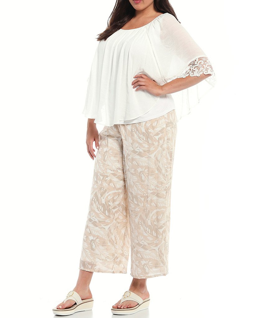 I.N. Studio Plus Size Gauzy Texture Scoop Neck Lace Trim Detail Elbow Short Sleeve Overlay Top