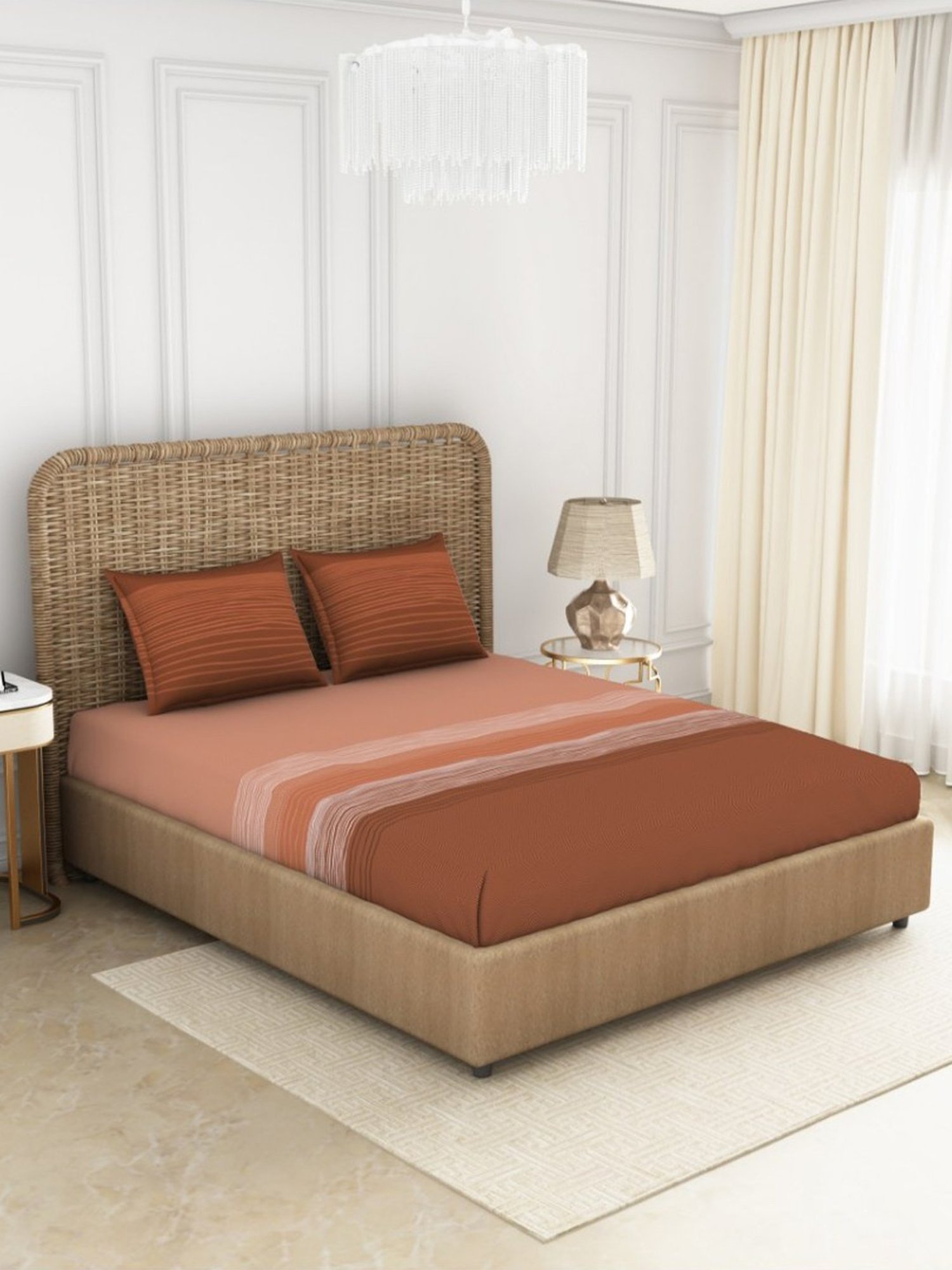 Spaces Striped Orange 144 TC Cotton Queen Bed Sheet with 2 Pillow Covers