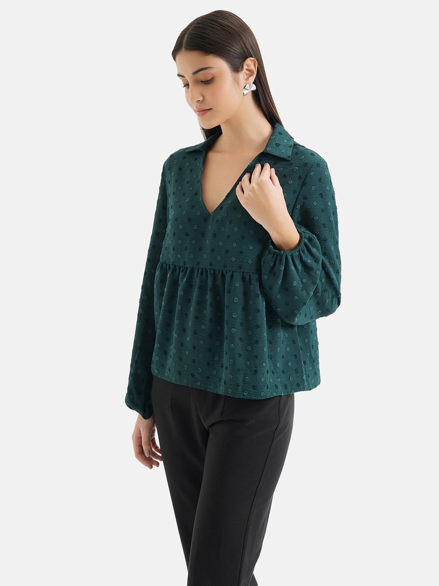 Kazo Green Textured Peplum Top
