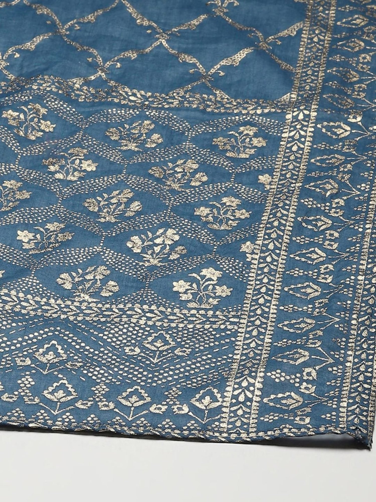 Biba Teal Blue Cotton Printed Kurti Sharara Set With Dupatta