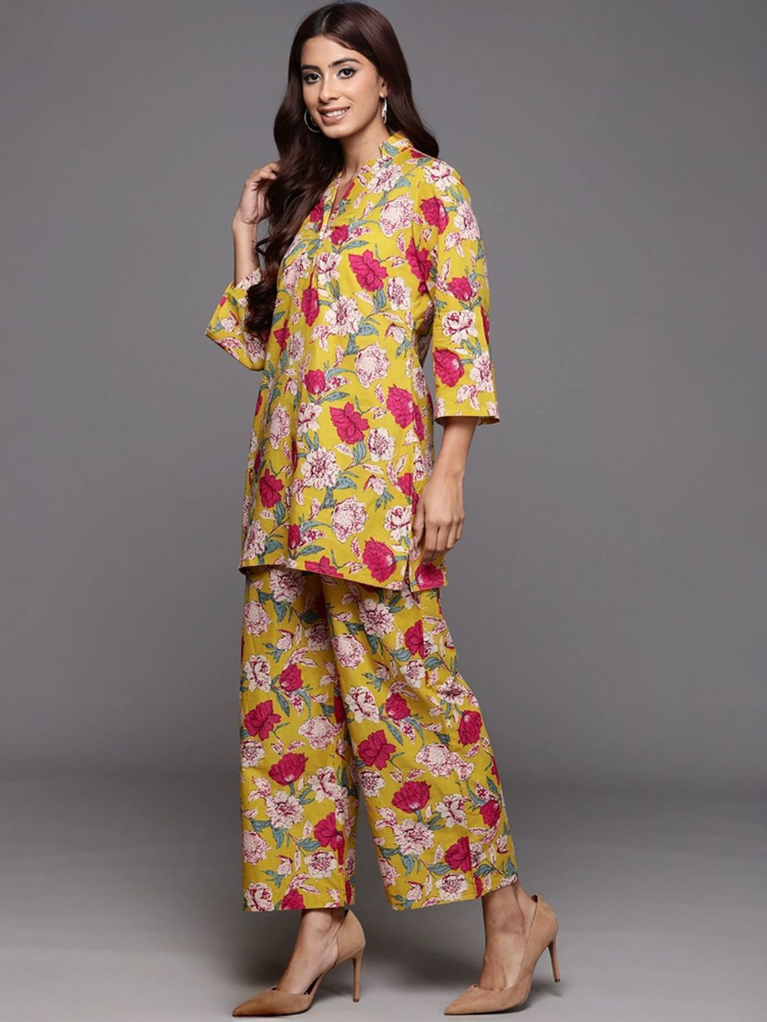 Varanga Yellow Cotton Floral Print Tunic Pant Set