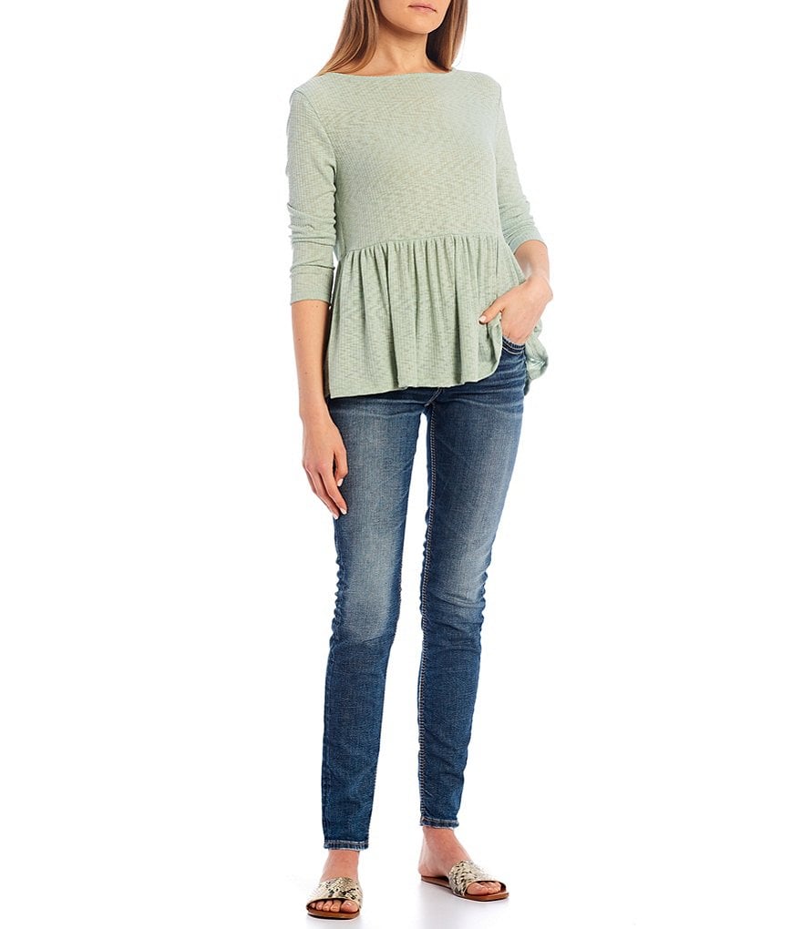 Good Luck Gem 3/4 Sleeve Ribbed Peplum Top