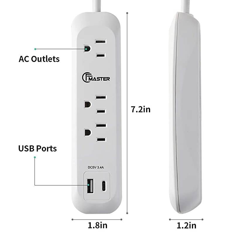 Fast Charger Power Strip Surge Protector Wall Outlets with 6FT Cord Straight Plug 3 AC Outlets 2 Smart IC Outlets34A 5V White
