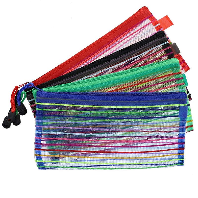 Juvale 12-Count Mesh Rainbow Stripes Zipper Pen & Pencil Pouch Cases, 4 Colors