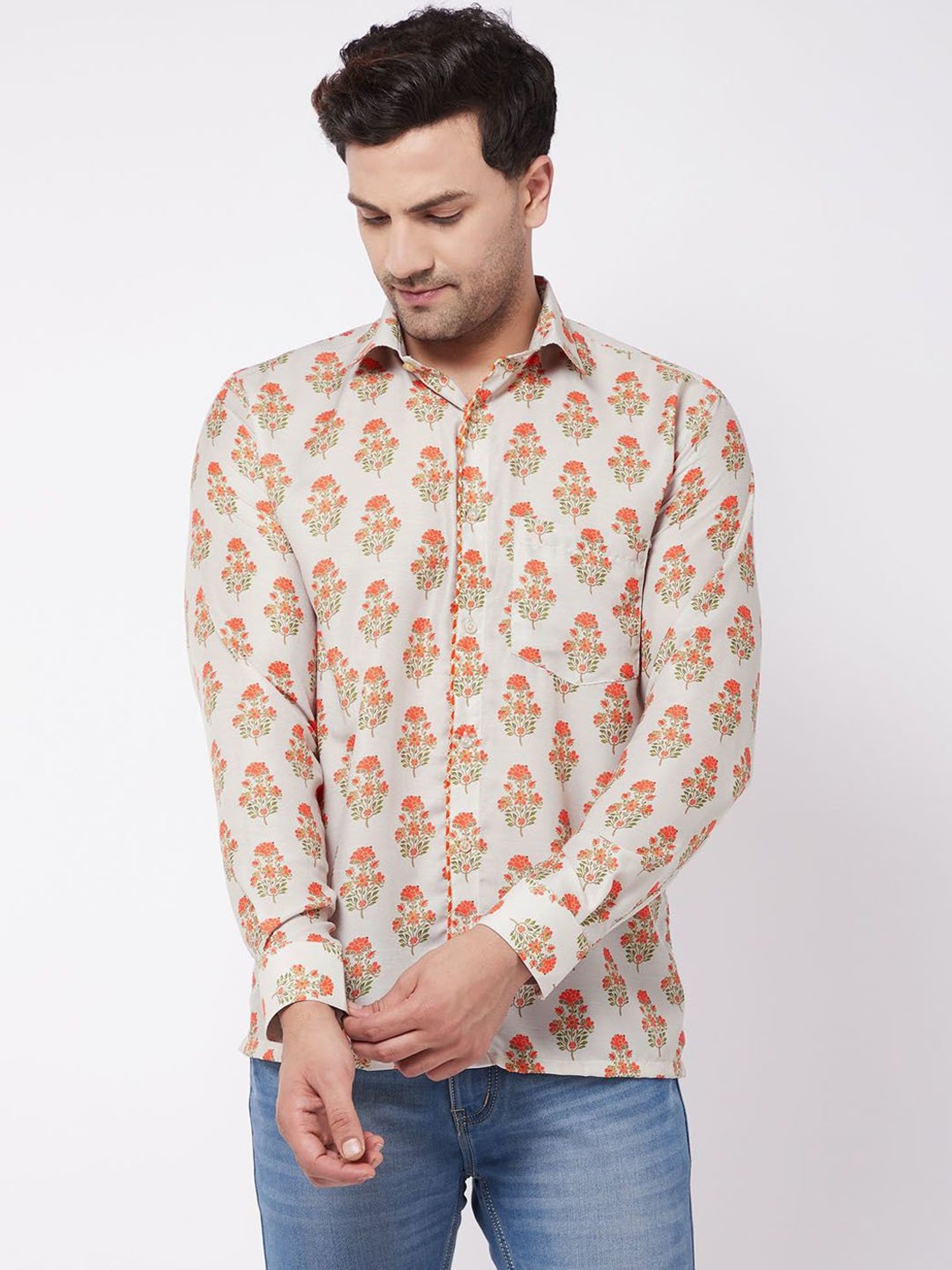 Vastramay Beige Straight Fit Printed Shirts