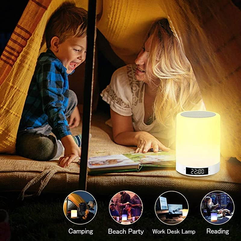 Night Light Bluetooth Speaker  Wireless Stereo Speaker with Alarm Clock MP3 Player FM Radio Touch Control Table Lamp Dimmable Warm Lights amp 7 Colors Themes for KidsPartyBedroom