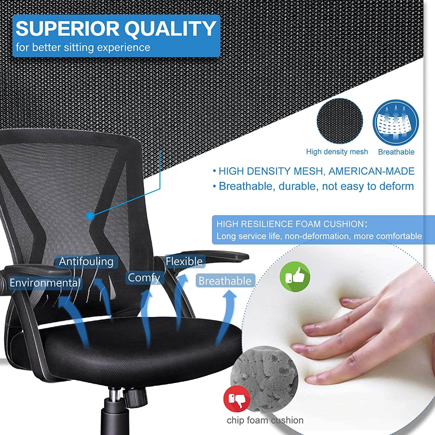 Mid Back Mesh Office Chair Ergonomic Swivel Black Mesh Computer Chair Flip Up Arms with Lumbar Support Adjustable Height Task Chair