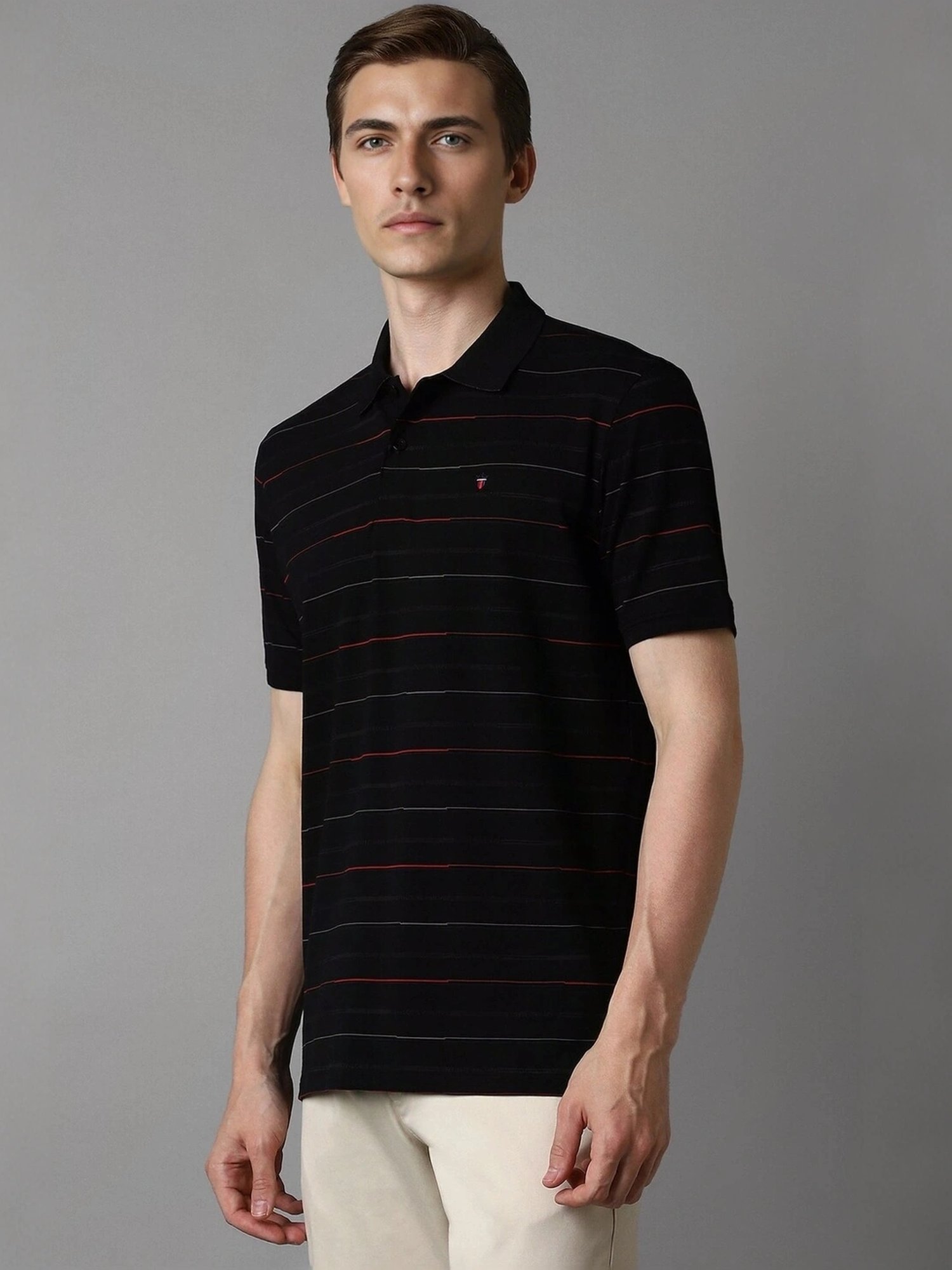 Louis Philippe Black Cotton Slim Fit Striped Polo T-Shirt
