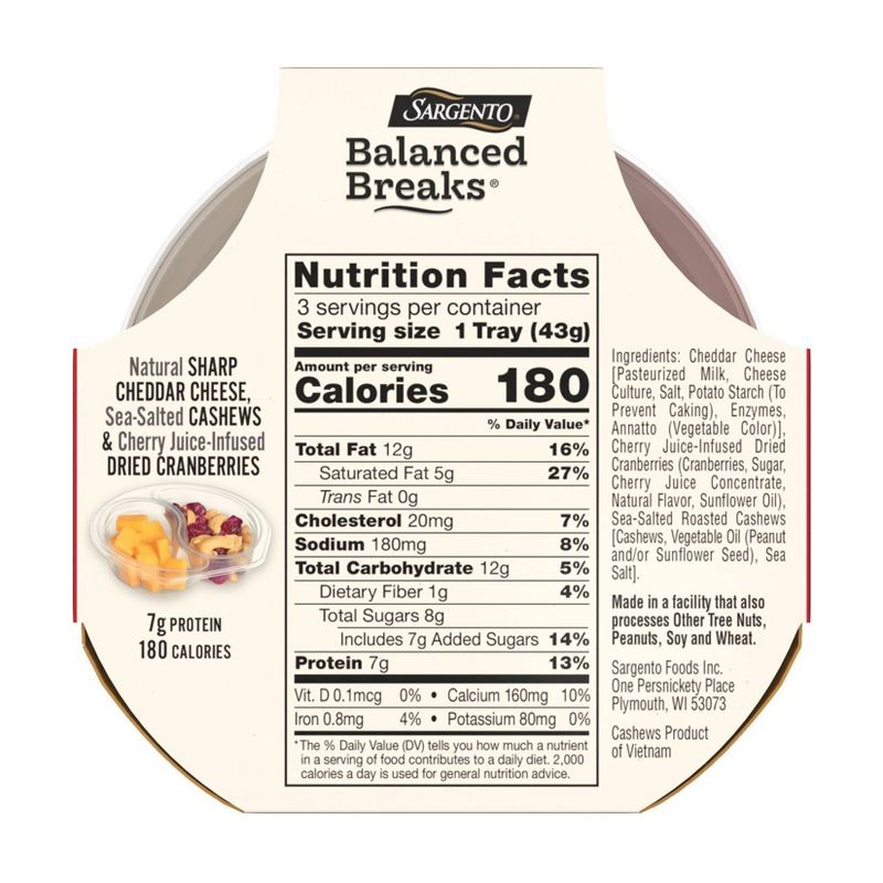 Sargento Balanced Breaks Natural Sharp Cheddar, Sea-Salted Cashews & Cherry Juice-Infused Dried Cranberries - 3pk/1.5oz