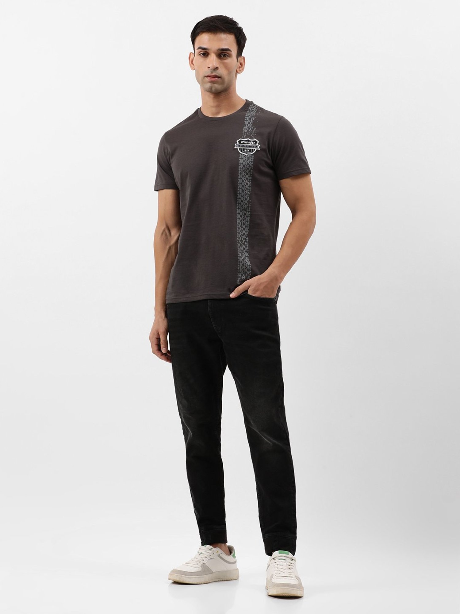 Wrangler Dark Grey Regular Fit Printed Crew T-Shirt