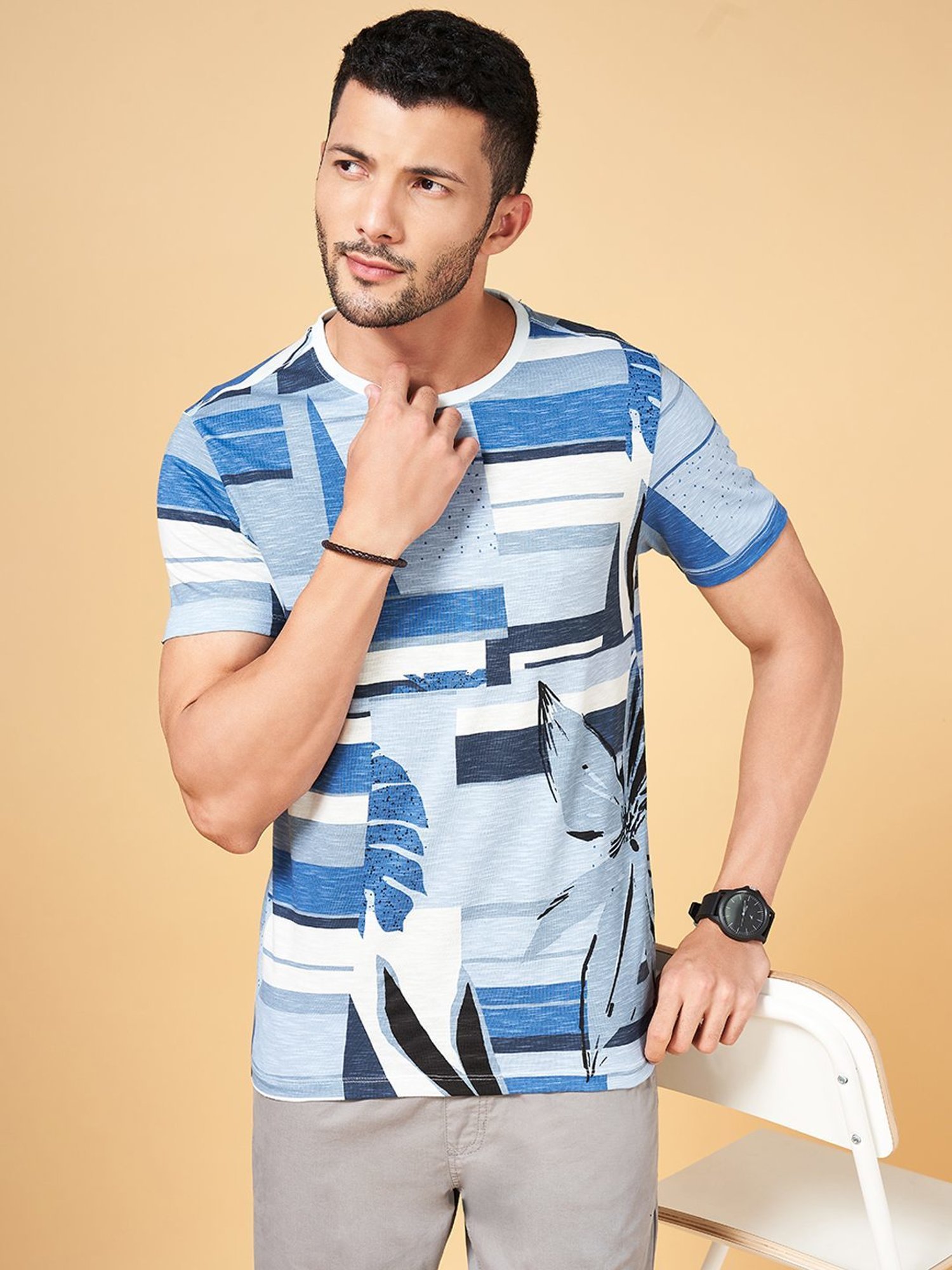 Urban Ranger by Pantaloons Blue Cotton Slim Fit Printed T-Shirt