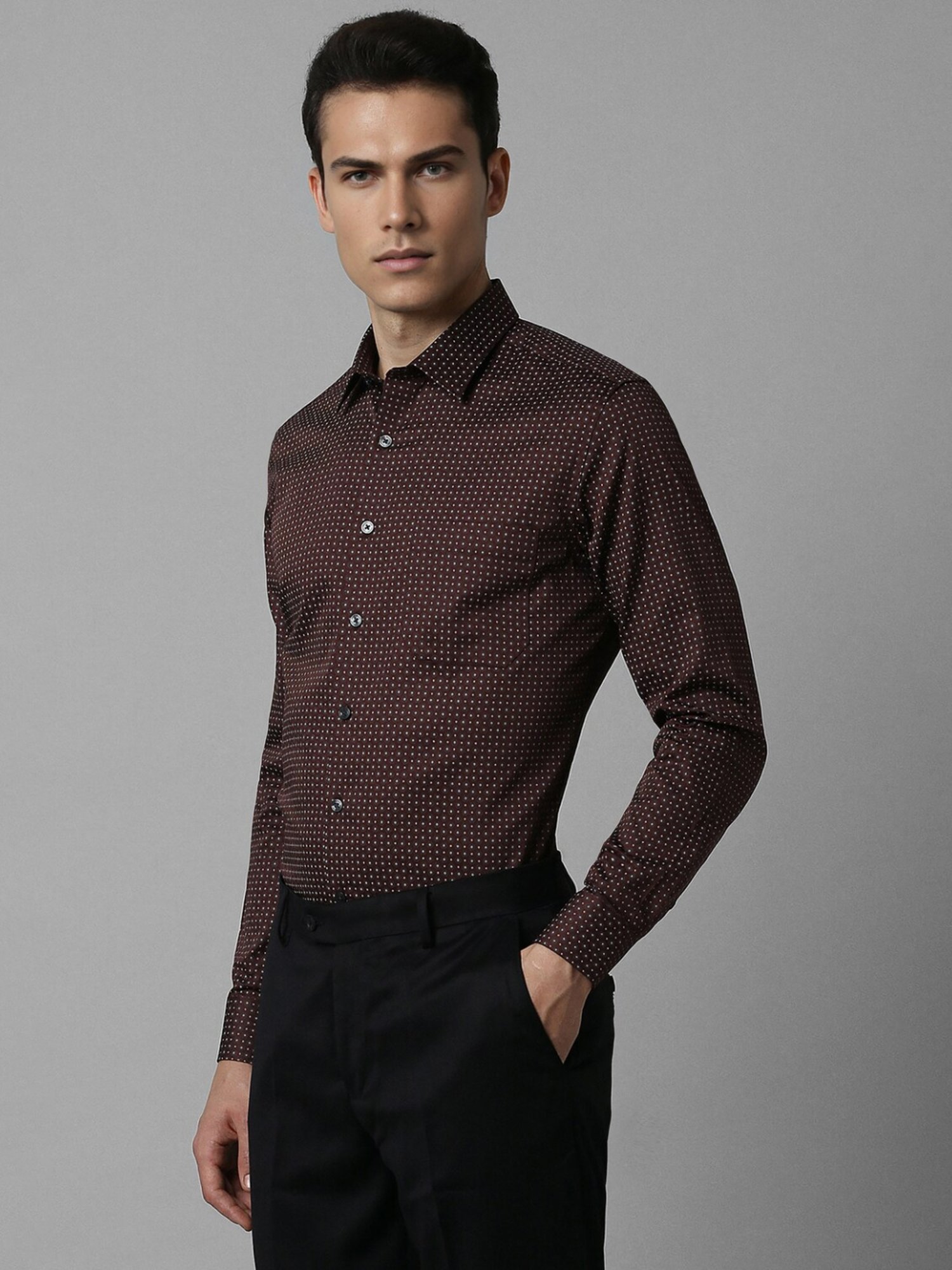 Louis Philippe Maroon Cotton Slim Fit Printed Shirt