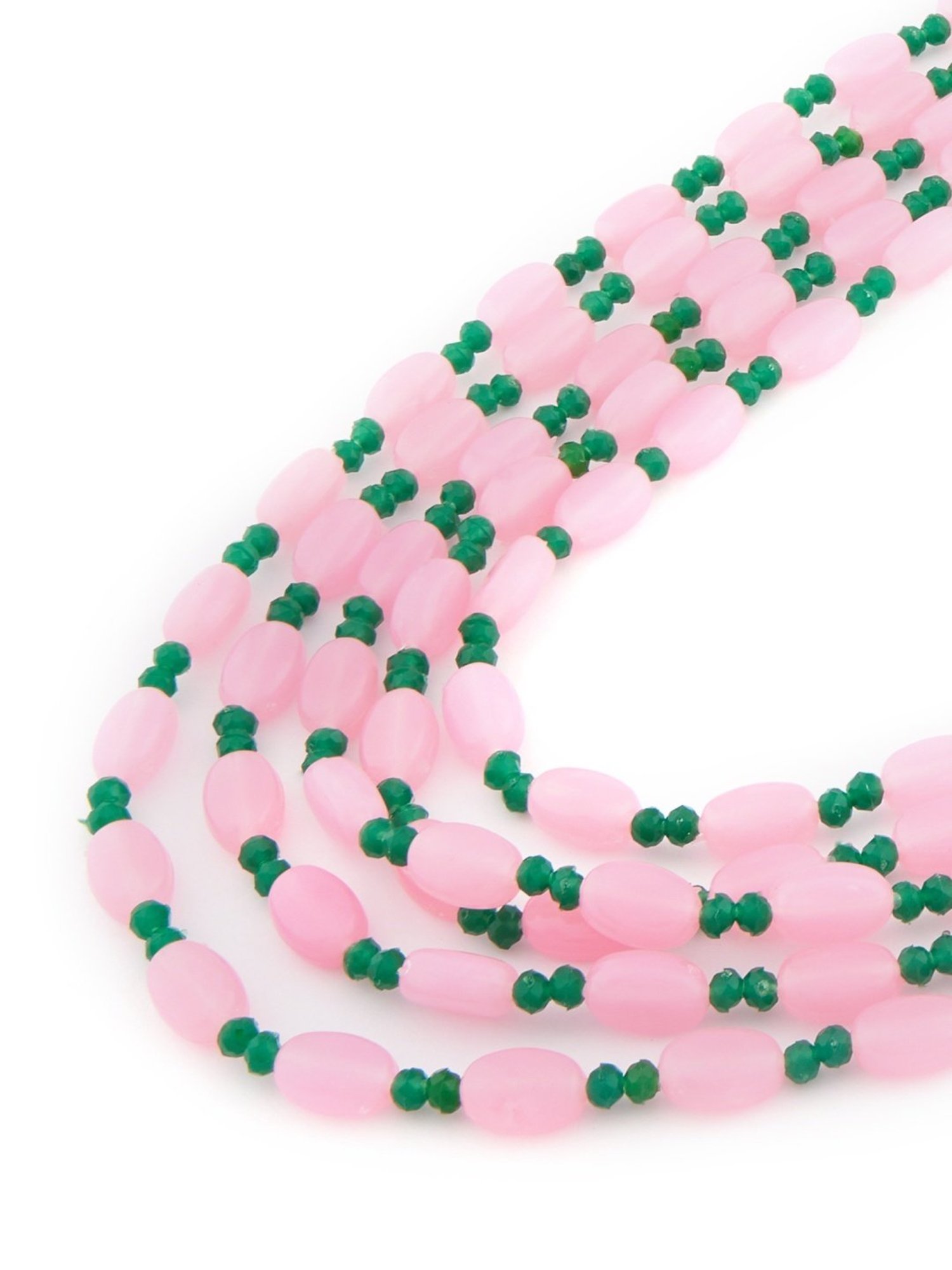 Zaveri Pearls Pink & Green Multi Layers Beaded Necklace & Earring Set