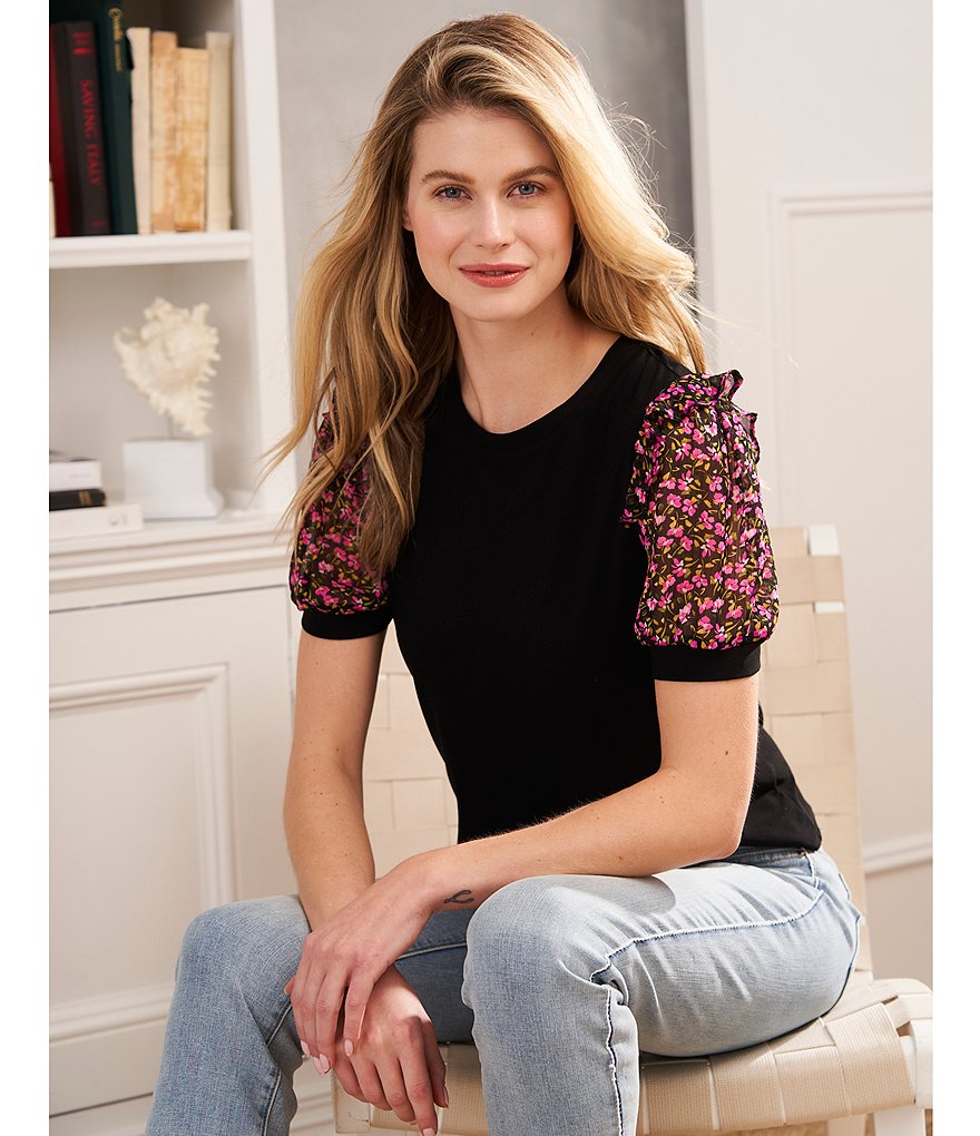 CeCe Ditsy Round Neck Floral Puff Sleeve Knit Top